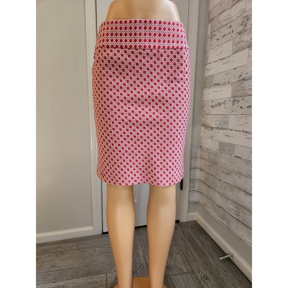 Talbots Petites Red White Geometric Cane Print Cotton Pencil Skirt 4P Knee